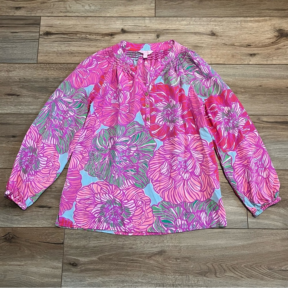 Lilly Pulitzer Elsa Silk Blouse SZ Small Pink Green Floral Top